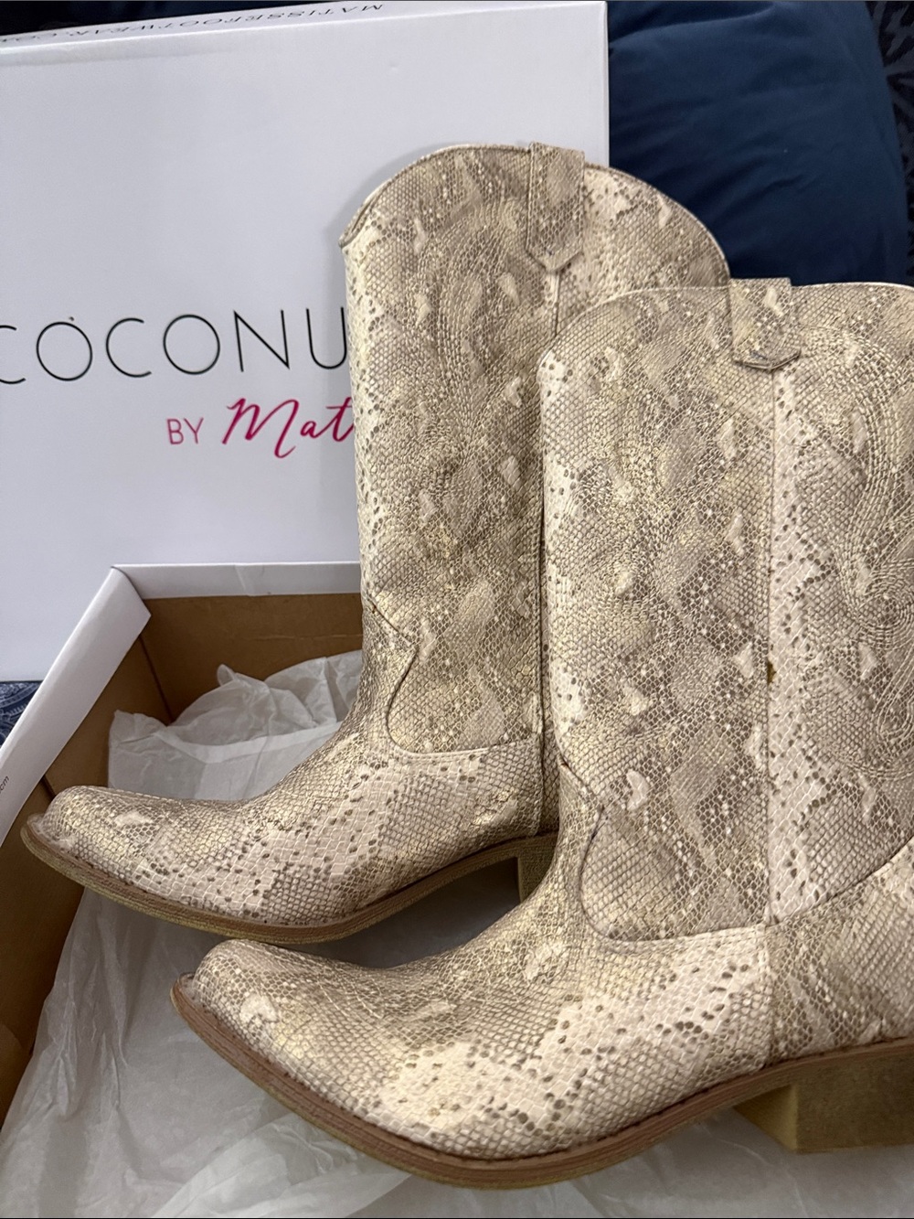 Coconuts by Matisse Metallic Snake-Print Western Boots - Gold